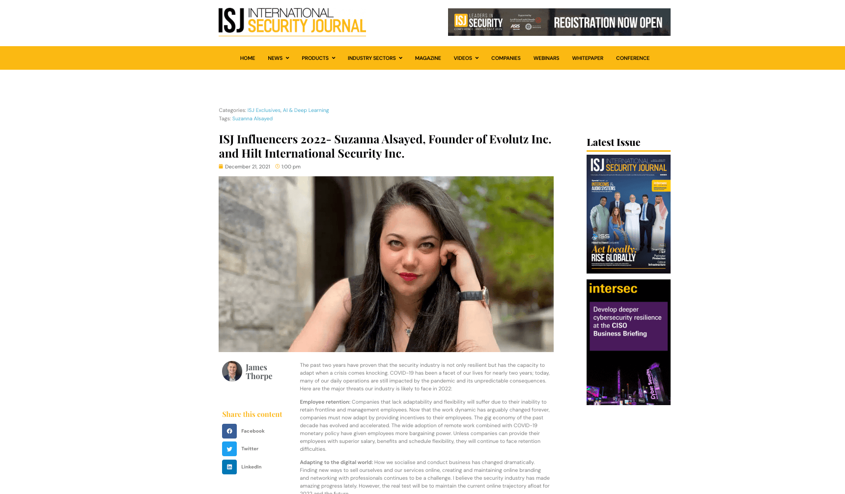 ISJ Influencers 2022 - Suzanna Alsayed, Founder of Evolutz Inc. and Hilt International Security Inc.